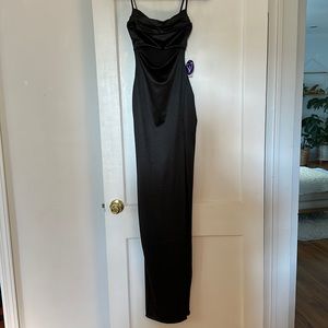 Windsor long black silky maxi formal dress with mid-section slit and leg slit